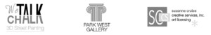 Four logos in black and white: "we talk chalk" with 3D illusion text by Melanie Stimmell, "park west gallery" featuring column design, a monogram "sc," and