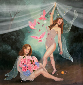 A surrealist painting of two ethereal fairy-like women surrounded by pink birds in a forest setting. One is seated holding a bouquet, the other is standing with translucent wings, both with serene expressions.