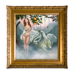 Whimsical gold-framed painting of a surrealist scene featuring a winged woman with a swan's lower body standing in a misty forest, surrounded by butterflies and oranges.