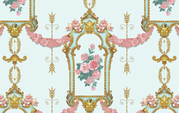 Ornate vintage wallpaper pattern featuring whimsical golden frames, floral bouquets with roses, and intricate scroll designs on a soft blue background.