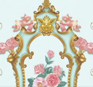 Ornate decorative frame featuring a central golden sun face, flanked by two pink winged pigs sitting above vibrant pink roses, with whimsical floral and gold fish motifs on a pastel background.