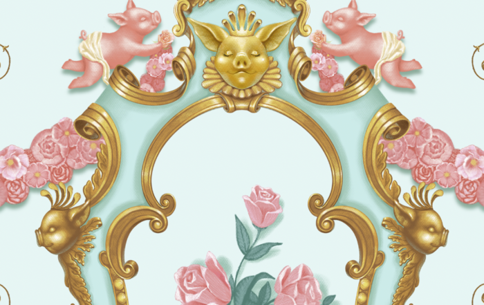Ornate decorative frame featuring a central golden sun face, flanked by two pink winged pigs sitting above vibrant pink roses, with whimsical floral and gold fish motifs on a pastel background.