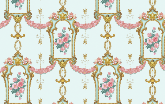A detailed, ornate floral wallpaper pattern featuring golden frames and embellishments, with clusters of pink roses and green leaves set against a whimsical light blue background.