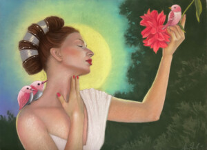 A painting of a woman with a serene expression and an updo hairstyle featuring large hair rolls holds a vibrant pink flower, gazing at a small pink bird perched on it. Another bird rests on
