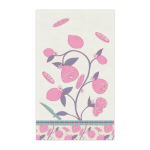 A decorative kitchen towel featuring whimsical pink and purple stylized citrus fruits and flowers on a light cream background, with a striped border at the bottom.