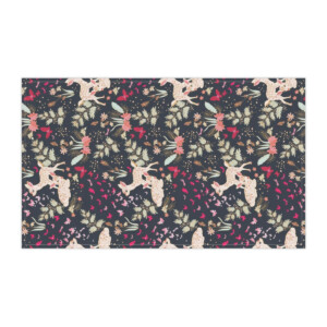 A fabric pattern featuring an intricate design of pink and white bunnies, along with various floral elements and foliage on a dark navy background, inspired by the surrealism of Melanie Stimmell.