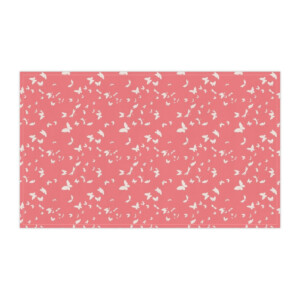 A rectangular pink carpet decorated with a white butterfly pattern throughout its entirety, designed by Melanie Stimmell.