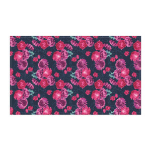 A rectangular painting with a dense floral pattern featuring clusters of pink roses and smaller flowers on a dark blue background with subtle leaf designs, exhibited by Park West.