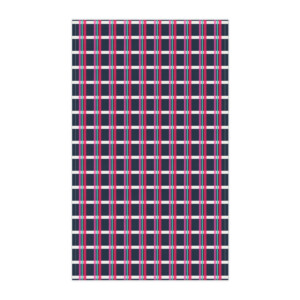 A painting featuring vertical stripes in blue, pink, green, and black colors on a white background, arranged in a regular, repeating sequence.
