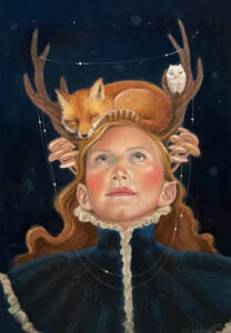 A young woman with flowing red hair gazes upward, adorned by a crown of antlers with a sleeping fox and an owl perched atop, set against a surreal starry night background.