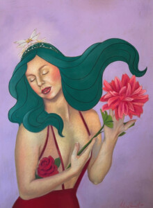 A whimsical painting of a woman with flowing teal hair and a floral crown, holding a large pink flower. She wears a red dress and her eyes are closed in a serene expression.