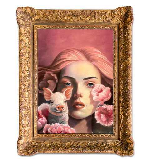 A whimsical painting of a woman with wistful expression, framed in gold, featuring pink flowers and a small pig resting on her shoulder, against a pink background.
