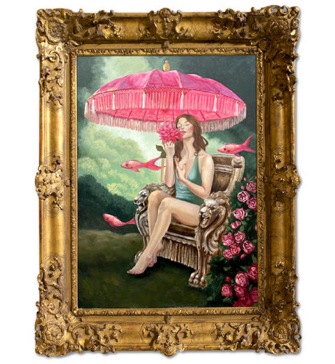 A whimsical painting in an ornate golden frame depicting a woman seated on a throne-like chair, holding a large pink umbrella, surrounded by floating pink fish and roses.