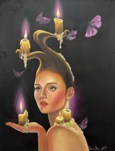 A whimsical painting depicting a woman with her dark hair styled into candle shapes, lit and dripping wax, with purple butterflies around her head, against a black background.