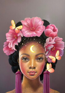 Portrait of a woman with dark hair adorned with pink hibiscus flowers and butterflies, featuring a crescent moon and stars on her forehead, embodying the essence of Surrealism.