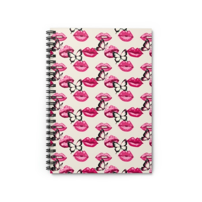 A Lip Service in Pink Spiral Notebook - Ruled Line with alternating rows of whimsical bow-tied lips and butterflies.