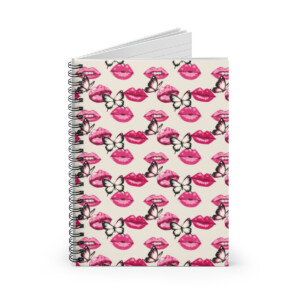 A Lip Service in Pink Spiral Notebook with a whimsical cover featuring alternating rows of pink lips and black and white butterflies on a light pink background.