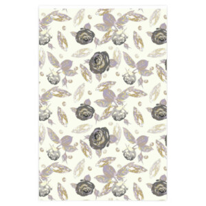 Patterned design featuring gray roses and purple leaves scattered across a cream background, inspired by Surrealism, Blooms & Gems Grey Custom Wrapping Paper.