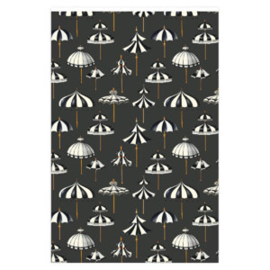 Victorian Umbrellas Custom Wrapping Paper featuring an assortment of umbrellas in shades of gray and white, created by a Las Vegas artist, set against a dark background.