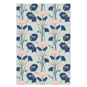 A Lotus Wrapping Paper featuring pink flowers and blue leaves on a light blue background, creating a delicate and surreal floral motif.
