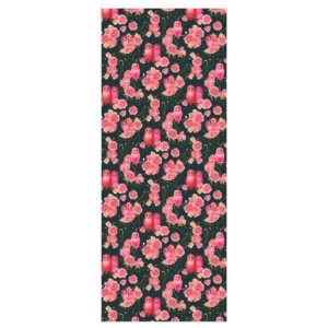 A repeating pattern featuring pink Russian matryoshka dolls and lush pink roses against a dark, whimsical background on Joyful Owls Wrapping Paper.