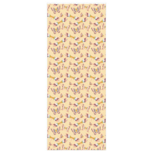 A vertical, narrow banner featuring a whimsical repeated pattern of colorful abstract shapes and swirls on a Flying Cuties in Gold Wrapping Paper background.
