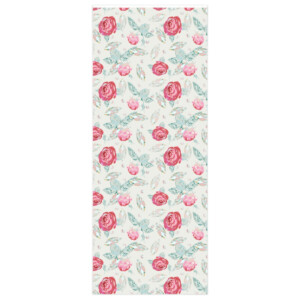 A vertical seamless pattern featuring pink and red roses interspersed with small blue flowers and green leaves on a surreal pale background, in the Blooms & Gems Custom Wrapping Paper.