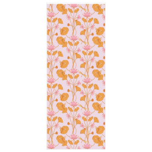 Long vertical banner featuring a Lotus in Lavender Wrapping Paper pattern with clusters of orange and pink flowers connected by thin green stems on a light pink background.