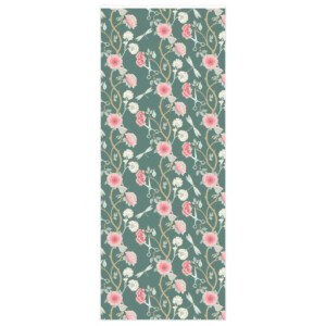 Patterned fabric featuring a whimsical green background with a floral design of pink flowers and white leaves connected by looping vines.