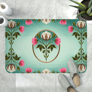 A decorative floor mat with a whimsical, symmetrical floral design featuring pink and white flowers on a mint green background, positioned by a pair of grey slip-on shoes and a potted plant’s edge