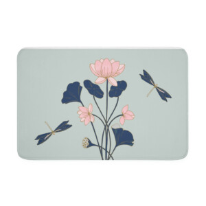 A bath mat featuring a whimsical illustration of a pink lotus with dark blue leaves and two dragonflies on a light blue background.