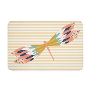 Painting of a wall clock designed with a whimsical moth motif on a striped, pale yellow and white background. The moth serves as the clock's hands, with its wings indicating the time.