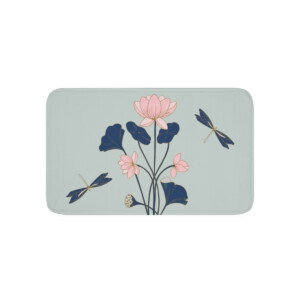 Rectangular bath mat featuring a painting of a pink lotus flower with dark leaves and two blue dragonflies, set against a light gray background.