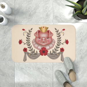 A doormat featuring a whimsical design with a crowned pig in the center, surrounded by floral motifs and draped elements, placed on a tiled floor near house slippers and a potted plant.