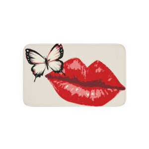 A graphic of a phone case featuring bold red lips with a white and black butterfly resting on them, set against a plain background, captures a whimsical aesthetic.