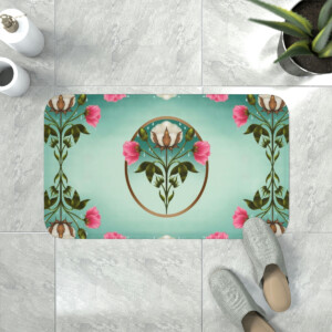 A decorative floor mat featuring a whimsical floral design with pink flowers and green leaves on a soft teal background, seen from above alongside a person’s feet in gray slippers, a potted plant,