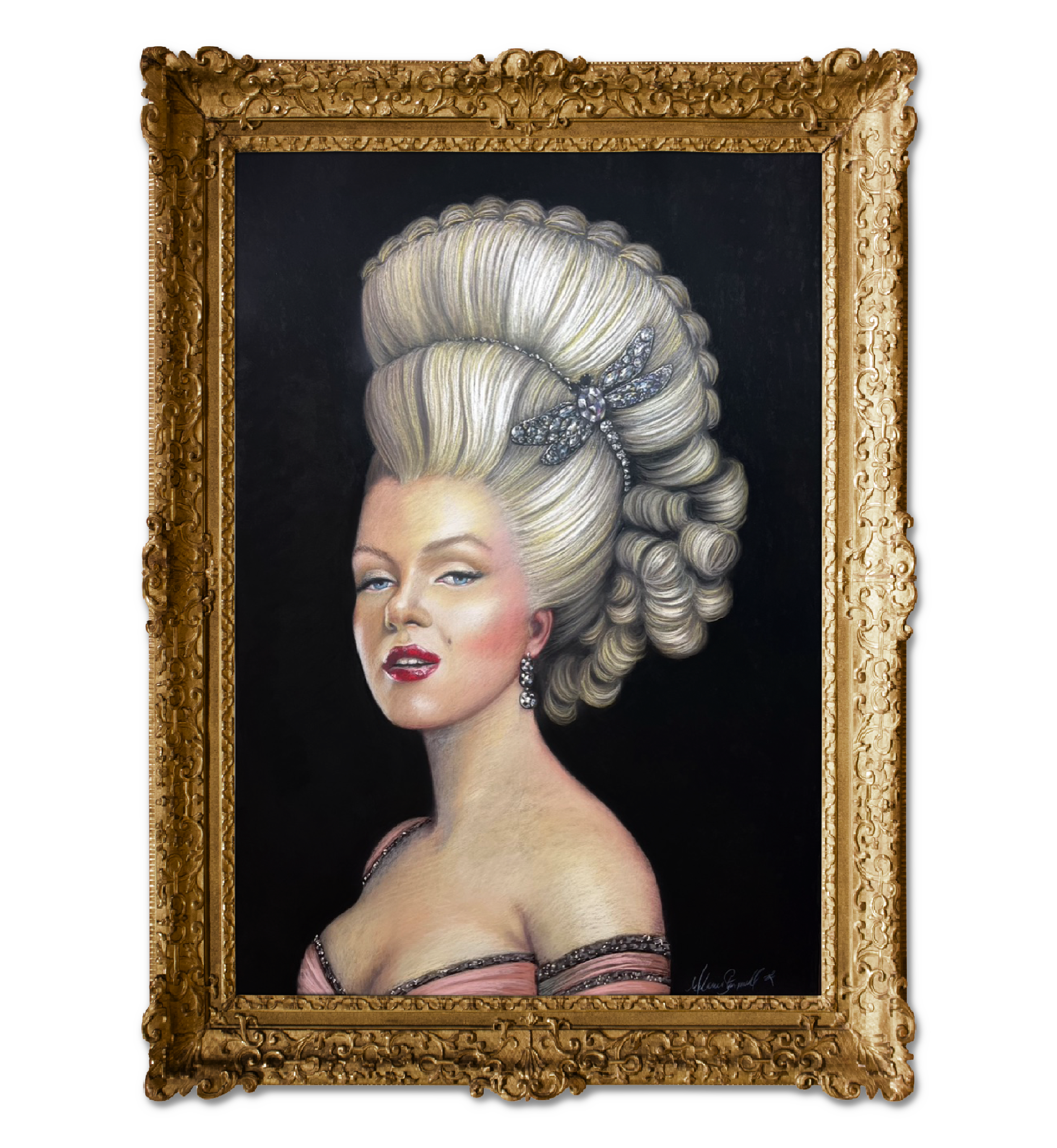 An ornate oil painting of a woman with an elaborate baroque hairstyle, decorated with a jeweled bow, framed in an intricate golden frame, showcasing surrealism elements.