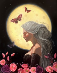 Illustration of a woman with long silver hair in profile in front of a large, glowing full moon. Butterflies flutter around her, and vibrant roses bloom at the bottom. The dark background accentuates her illuminated face and flowing hair.