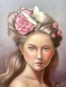 A painting of a young woman with long, flowing hair adorned with pink roses and a white butterfly. Her serene expression is framed by soft lighting, highlighting her delicate features and the intricate details of the flowers and butterfly in her hair.