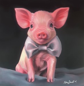 A digital illustration of a pink piglet with big ears and innocent eyes, wearing a gray bow tie. The background is dark, making the piglet stand out. The artwork is signed by the artist in the bottom right corner.